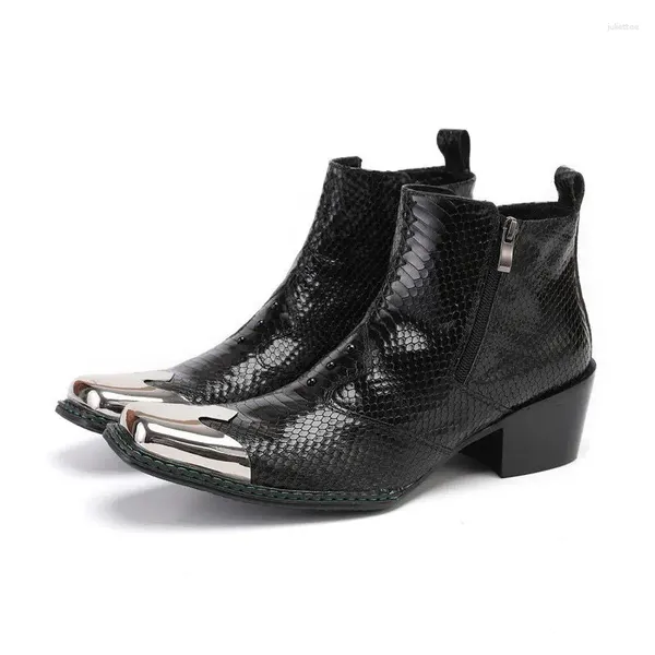 Botas Italiano Negro Retro Tobillo de los hombres Piel de serpiente Cuero real Cuadrado Punta de hierro Bota Masculina Hombres Vestido Zapatos de fiesta Invierno