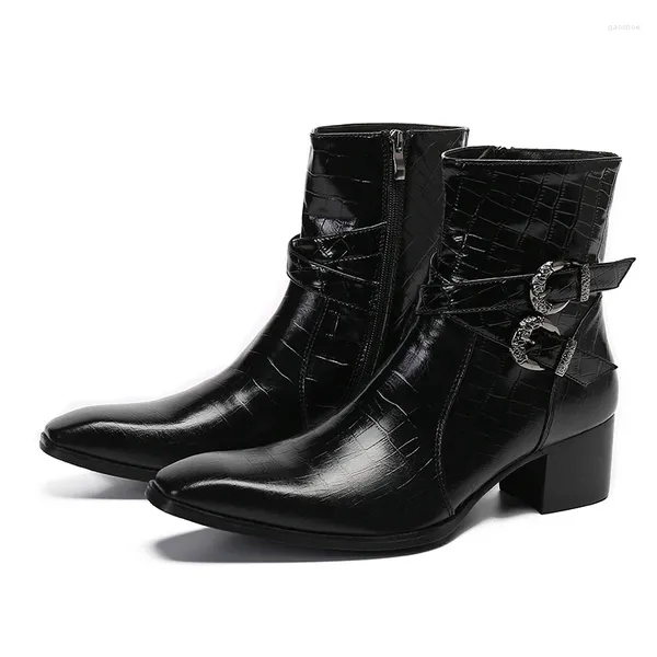 Botas Vestido militar italiano Hombres Punta puntiaguda Tacones altos Estilos occidentales Negro Doble hebilla Zapatos de vaquero Hombre Sapatos Social