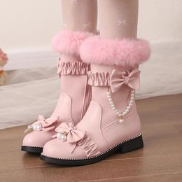 Bottes JK Lolita Papillon-Noeud Frange Fourrure Chaîne Perle Neige Cheville Hiver 2023 Talon Bas Princesse Botas Chaussures De Fête Femmes Bateau Libre