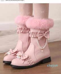 Bottes JK Lolita Papillon-Noeud Fringe Fourrure Chaîne Perle Neige Cheville Hiver 2023 Talon Bas Princesse