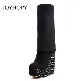 Boots Joyhopy Automne Hiver sur les genoux Femmes calices plate-forme de cuisse Rivet Rivet Femme Talon Thin Jame Stretch