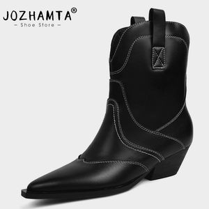 Bottes JOZHAMTA Taille 34-39 Western Cowboy Bottes Pour Femmes En Cuir Véritable Daim Bottines Talons Chunky Chaussures D'hiver Femme Chaussons 230728