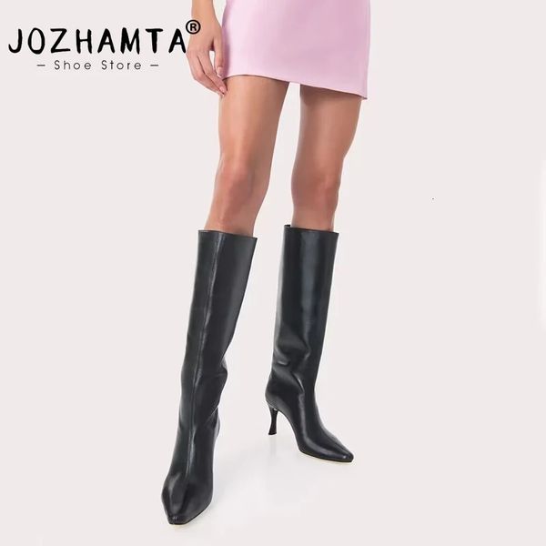 Bottes JOZHAMTA taille 34-42 femmes bottes au genou en cuir véritable Sexy mince talons hauts chaussures femme hiver pointu bottes longues décontracté bureau 231202