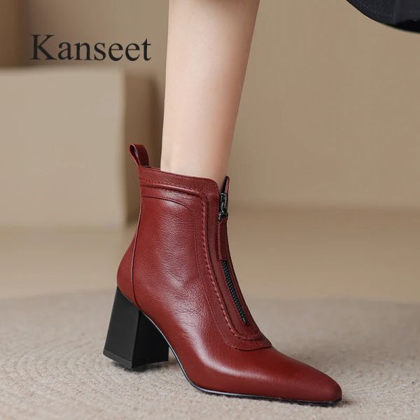 Boots Kanseet 2023 Femmes Bottes courtes Automne Overnal Square Toe Fashion Zipper Geothe Suppine Le cuir Lady High Heels Ankle Boot Wine Red