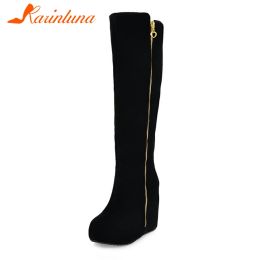 Laarzen Karinluna Nieuwe dames Wedges High Heels Zip Solid Round Toe Platformschoenen voor vrouwen Casual Winter Kniehigh Boots Big Size 3243
