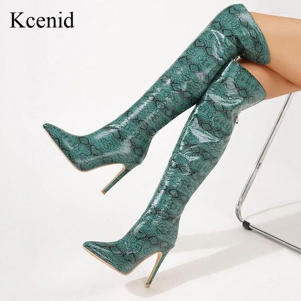 Bottes Kcenid Green Snake Imprimé sur le genou Femme High Heels Ladies chaussures Automne Boot hiver