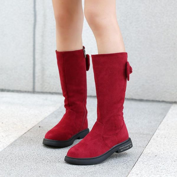 Bottes enfants filles 2023 hiver mi-mollet chaussures chaudes nœud côté fermeture éclair fourrure daim enfants petite princesse