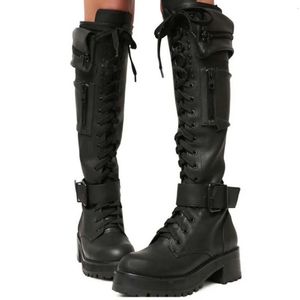 Bottes genou haute botte Cool Goth fermeture éclair Design poche à lacets y talon qualité chaussures femme mode populaire grande taille 48 231101