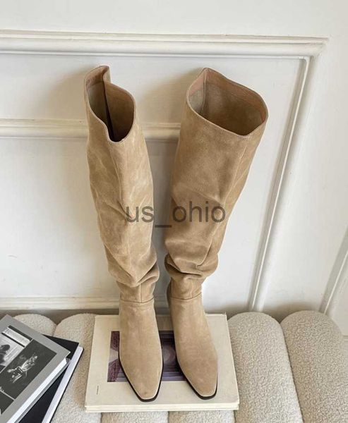 Botas hasta la rodilla Botas altas Lady Slip On Simple Plisado Vaca Gamuza Botas de invierno Pantorrilla ancha Primavera Otoño Mujer Botas Bohemia Slouchy Botas J230919