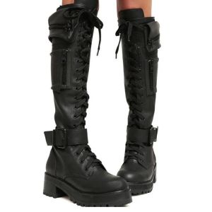 Boots Knee High Boots Femme Cool Goth Zipper Design Pocket Lace Up Up Talon Higle Quality Chaussures Fashion Fashion Popualr Big Size43