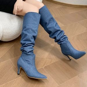 Laarzen knie high chelsea laarzen dames gladiator laarzen herfst winter puntige teen schoenen 2023 nieuwe mid hakken sneeuwlaarzen casual mujer zapatos