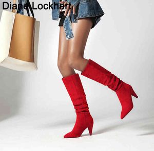 Bottes genou haute pour femmes plis Western Cowboy longue femme hiver bout pointu talons Cowgirl femme daim 220901