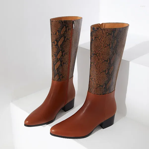 Botas hasta la rodilla para hombre con tacones otoño lujo cuero genuino moda diseño de serpiente invierno zapatos cálidos para hombre marrón cremallera