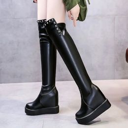 Bottes genou cuisse haute en cuir véritable fourrure chaussures longues pour femmes hiver 2023 compensées y plate-forme talon noir 231116