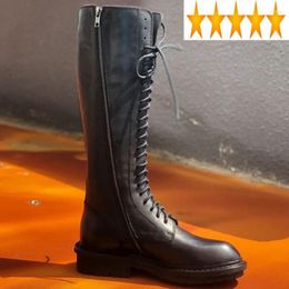 Boots Knight Ladies Long Brand Motorcycle militaire cuisse High Women Femmes Lace Up Gentine Leather England Style Shoes Chaussures