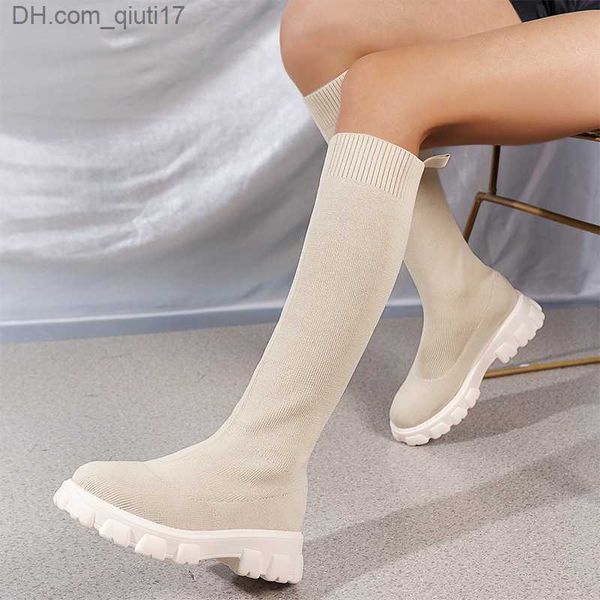 Botas de punto hasta la rodilla para mujer, calcetines elásticos, botas, plataforma, zapatos de mujer, otoño e invierno, tacones altos ultrafinos, punta redonda, botas largas para mujer Z230728