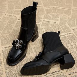 Boots Tricoting Fleur Goth chaussette bottes Femme 2023 Hiver Nouvelles pompes de mode Coton Botas Stretch Ankle Mid Talons Chelsea Femme Chaussures