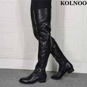 Boots Kolnoo Real Pos Femmes Block Talon sur le genou Sexy Evening Party Prom High-High Black Fashion Winter Chaussures