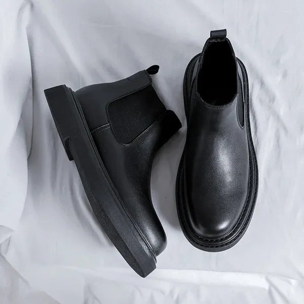 Botas estilo coreano ocio de los hombres cuero genuino negro elegante zapatos de plataforma fiesta vestido de fiesta vaquero tobillo Botas cortas hombre