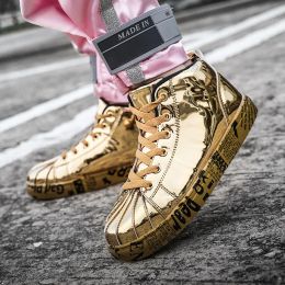 Boots Style coréen hommes femmes Graffiti Gold Shoes High Top Top Fashion Skateboard Chaussures Mirror Sport Sneakers Men Street Bambas Hombre