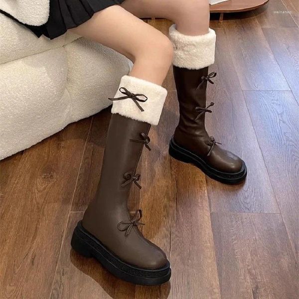 Botas Versión coreana de piel de moda integrada Suela gruesa Invierno Temporada de felpa Nudo de arco Pequeño y retro