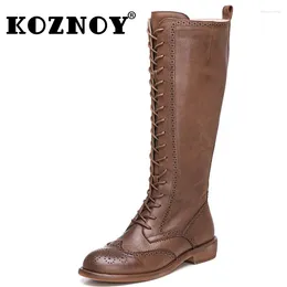 Laarzen Koznoy 3cm natuurlijke koe echte lederen dames schoorsteen laarsjes microfiber mode knie hoge herfst chunky hakken lente schoenen