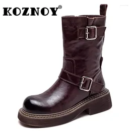Boots Koznoy 5cm Rome British Cow Great En cuir plate-forme de cuir Motrocycle Automne Femmes Knee Zip Spring High Winter Bause Chaussures