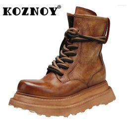 Botas Koznoy 6 cm Plataforma de cuña de cuello genuino Booties de tobillo Moccasinas étnicas Mujeres de primavera Fashion Motorcycle Autumn Shoes