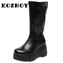 Laarzen Koznoy 7cm echte lederen herfst winter mode zip dames pluche schoorsteen laarsjes knie high veer platform wig schoenen