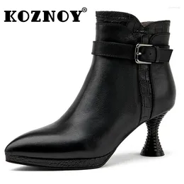 Laarzen Koznoy 7cm luxe reliëfveer zip enkel etnische herfst elegantie vrouwen damesontwerper natuurlijke koe echte lederen schoenen