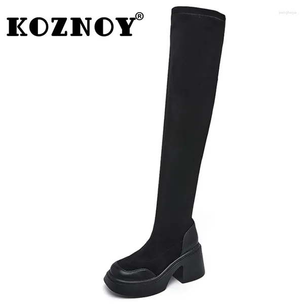 Botas Koznoy 8 cm Fabricación el estiramiento Rodilla Alta primavera Mujer plataforma de tobillo Calcetín Media de ternero Boties Autumn Motorcycle Zapatos