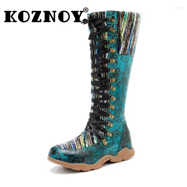 Botas Koznoy Big Tize Zapatos para mujeres Temo de oveja estampado de 3 cm Tornillo Medio Bootas High Booties Chimney Autumn Winter Flats Weave de lana