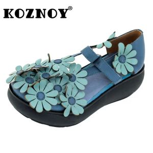 Boots Koznoy Luxury Sandale Femme 6cm Crochet Pumps Pumps ethniques Manuel Fleur Fleur Appliques en cuir en peau de mouton