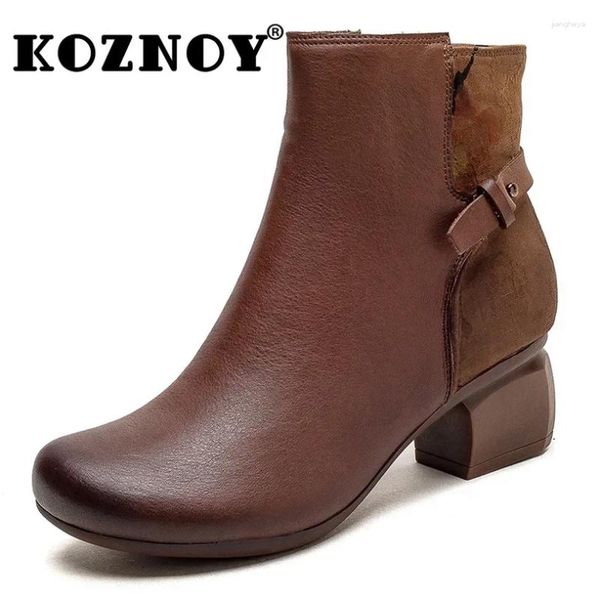 Botas Koznoy mujer zapatos de cuero marrón 5 cm vaca natural genuina otoño primavera tobillo grueso tacones botines motocicletas moda