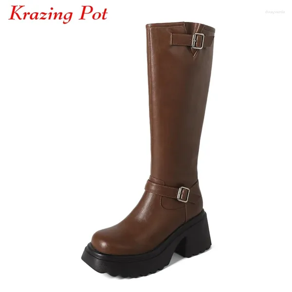 Bottes Krazing Pot 2024 Cuir plein à grain Toe rond Round Talons hauts Hiver Winter Punk Metal Boucle