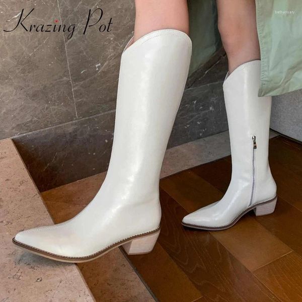 Botas Krazing Pot 2024 Llegada de invierno Cuero de vaca Caca elegante Toe High Style Fashion Fashion Color muslo