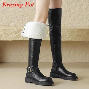 Bottes Krazing Pot Cow Cuir en cuir Décoration de fourrure Round Te Hiver Chauffement chaud Talons de médicaments Zip Gladiateur Metal Boucle Couchette