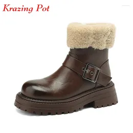 Boots Krazing Pot Vache en cuir en cuir naturel laine naturelle Porte d'hiver Hiver Warch Snow épais talons Med Zipper Beauty Lady Leisure