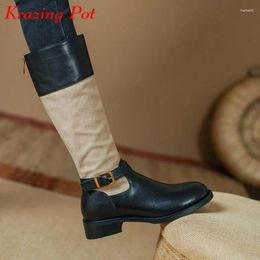 Laarzen Krazing Pot Cow Leather Round Toe Winterveer Warm rijden Dikke med Heels Zipper Vintage Mixed Color Digh High