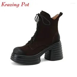 Boots Krazing Pot Cow Suede Toe Round Toe Super High Heels Winter Warm Motorcycle Plateforme de nuit Sexy Lady Ankle