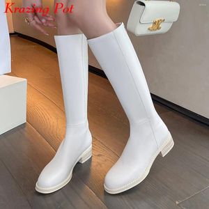 Boots krazing pot complet en cuir authentique conduisant rond Toe Med talons coréens fille kpop style mature street wear zip cuisse haut