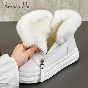 Boots Krazing Pot Véritage en cuir Résistance froide Round Toe Plate-forme plate Keep Warm Ankle Boots Rabbit Fur Sweety Femmes Bottes de neige