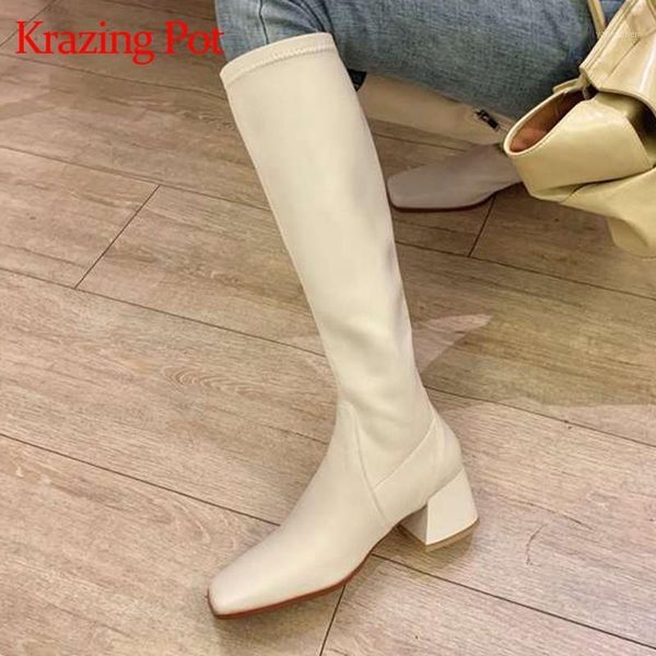 Bottes Krazing Pot en cuir véritable bout carré talon haut extensible français romantique beauté dame danse fête confortable genou-haut L071