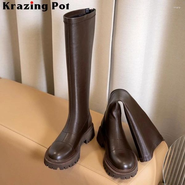 Botas Krazing Pot que montaron cuero genuino de alta calidad Toe grueso Med tacón con cremallera datación de belleza dama de rodilla L9f3