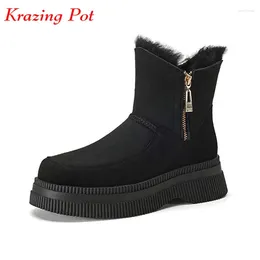 Boots Krazing Pot Round Toe Shearling Laine naturelle Natural Fur Hiver Keep Warm Casual Snow Platform Snow Bottom Bottom Ins Ankle