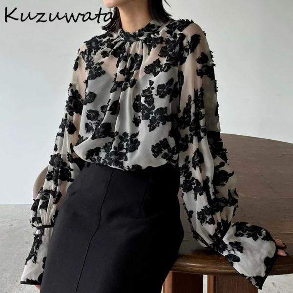 Botas Kuzuwata camisas románticas francesas vintage o cuello blusas de manga larga blusas floral tops 2023 principios de otoño invierno Nuevo blusas