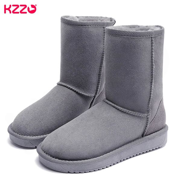 Botas KZZO Tamaño 36-48 Australia Clásico Piel de oveja Gamuza Cuero Hombres Oveja Lana Piel Forrada Invierno Mediados de pantorrilla Botas de nieve Zapatos impermeables 231212