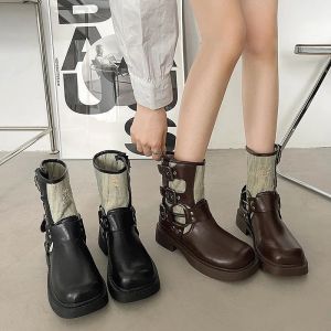 Bottes Lacet Up Boots Chaussures en caoutchouc féminine Pluie Faussettes d'hiver Talon plat rond