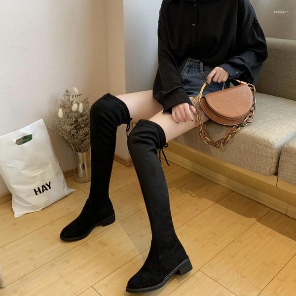 Bottes à lacets au dessus du genou, Tube Long, confortables, antidérapantes, en daim, mi-talon, tendance Zapatos De Mujer, 2023