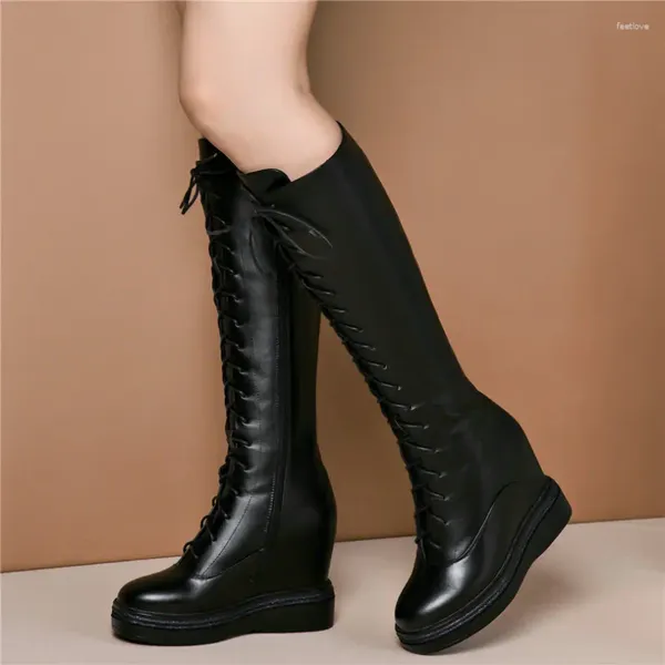 Botas de encaje de las bombas altas zapatos de las mujeres de las cuñas de cuero genuino tacón de rodilla hembra invernal de moda tibia talla 9